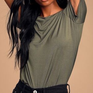 Lulus Basics Skyra Olive Green T-shirt Bodysuit - Size M